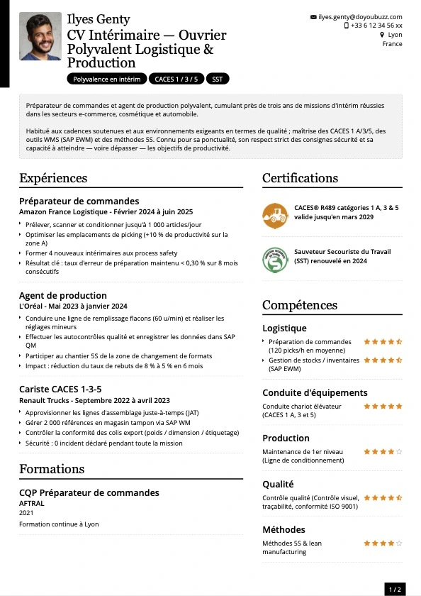 cv interimaire épuré