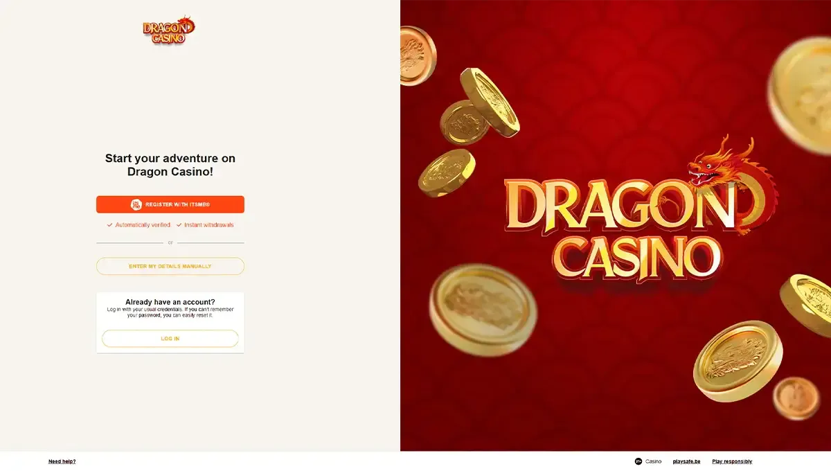 Page d'inscription Dragon Casino avec options itsme® et formulaire manuel, accès rapide et sécurisé depuis mobile ou ordinateur.