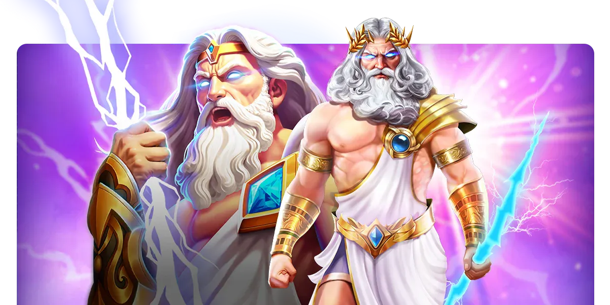 Interface with mythological slots featuring Zeus, lightning effects and multipliers, including Gates of Olympus and Dice Zeus