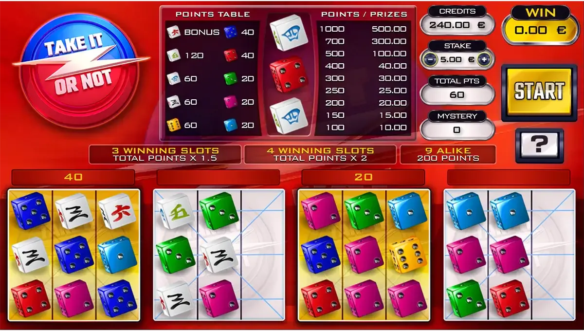 Gameplay of Take It Or Not by Gaming1, a modern online dice game. Dynamic dice games with intuitive interface and guaranteed suspense.