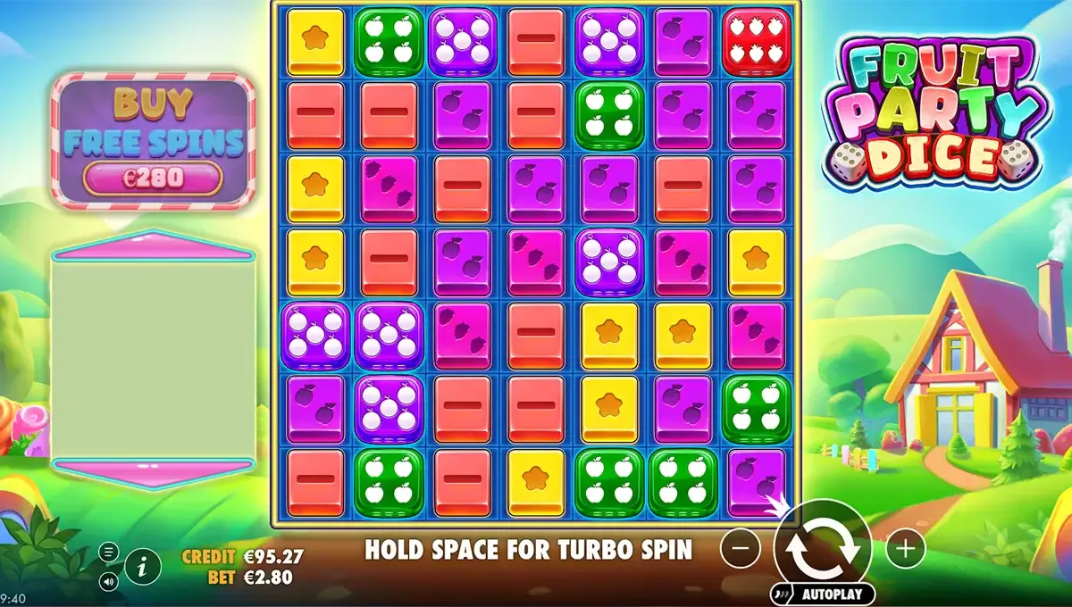Fruit Party Dice van Pragmatic Play: 7x7-grid, kleurrijke fruit-symbolen, zichtbare multipliers en feestelijke cluster-win animatie.