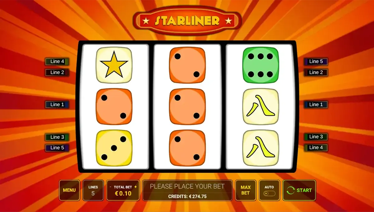 Interface du slot Starliner en grille 3x3 avec symboles étoilés, design rétro arcade et gameplay simple inspiré des dice games de Greentube.