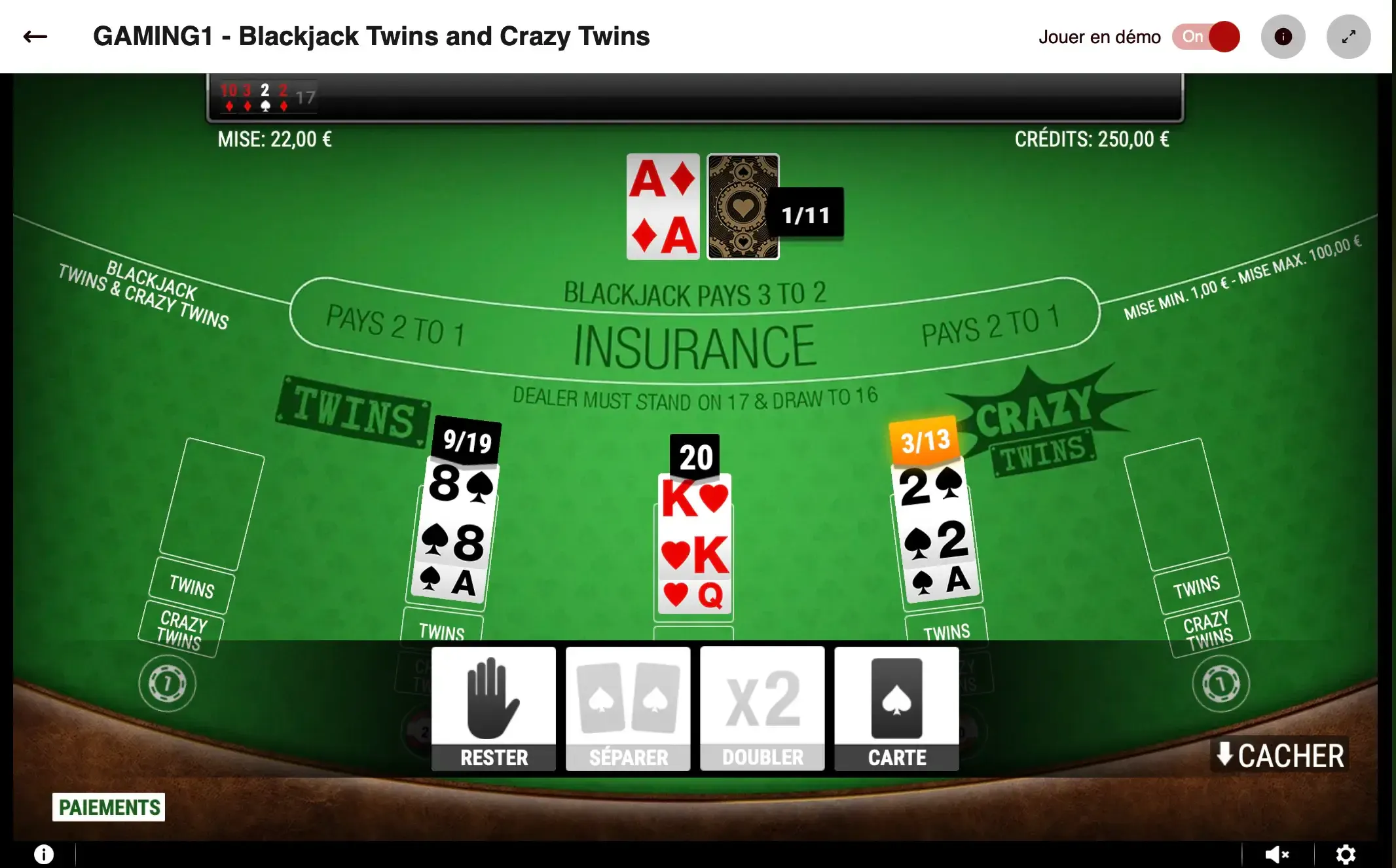 On Dragon Casino, blackjack card values can be learnt through the demo mode, as shown here on Blackjack Twins and Crazy Twins by Gaming 1.