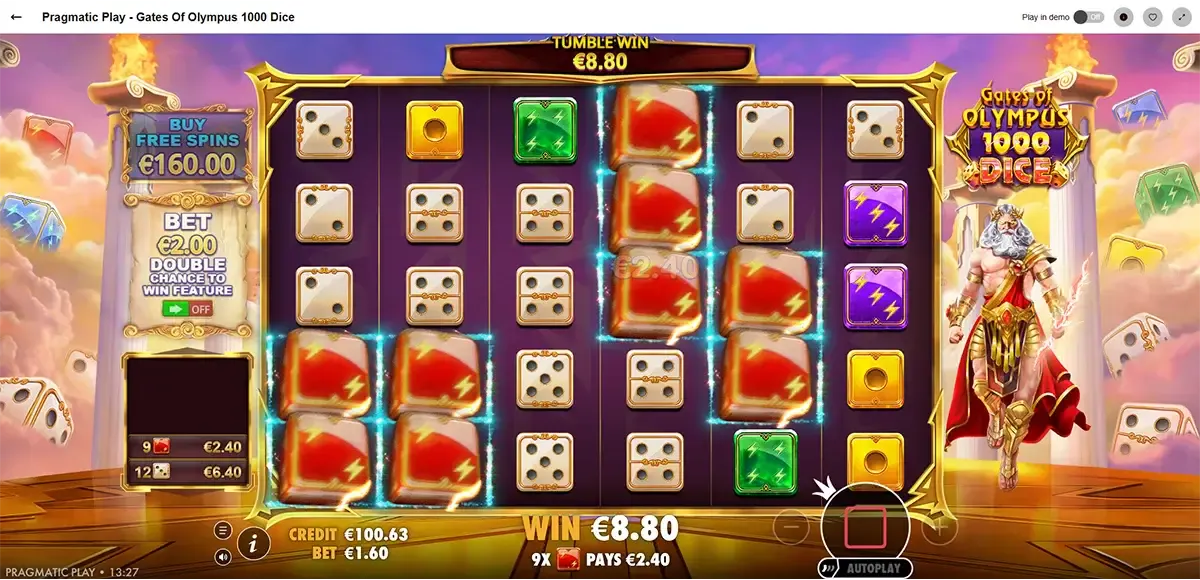 Gameplay de Gates of Olympus Dice de Pragmatic Play — grille 6x5 avec symboles dés et multiplicateurs Zeus sur Dragon Casino Belgique