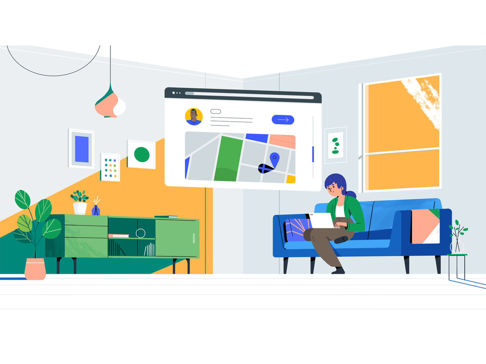 Illustration of a freelancer browsing the internet for jobs. 