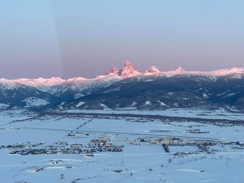 Winter scene of the Driggs from an aircraft.