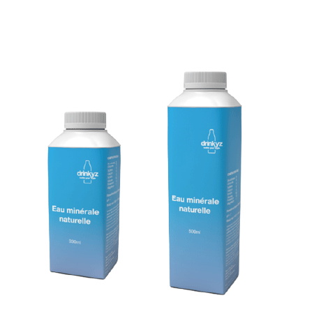 Deux bouteilles d'eau personnalisables en carton recyclable au format 330mL et 500mL