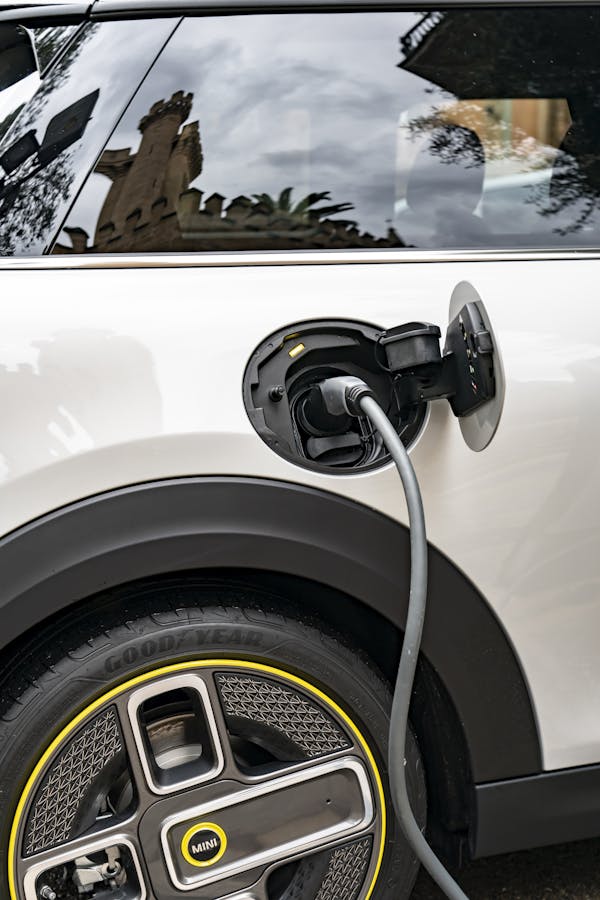 Mini electric with charging cable plugged in 
