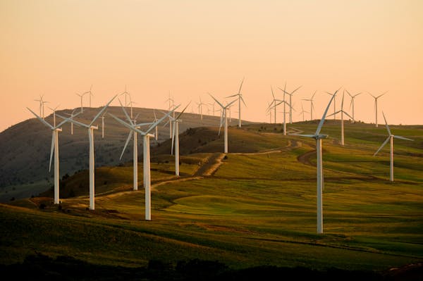 Wind turbines in hilly countryside 