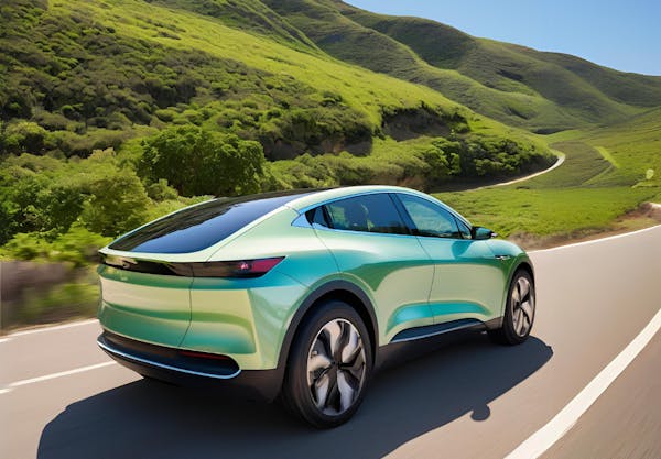 Pale green car on a road surrounded by green fields under a blue sky