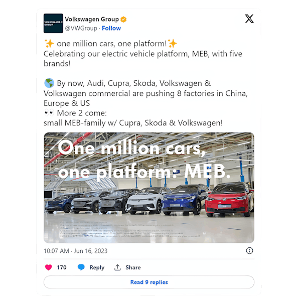 VW Milestone Tweet - 1 Million Cars Built on MEB Platform (JUN '23)