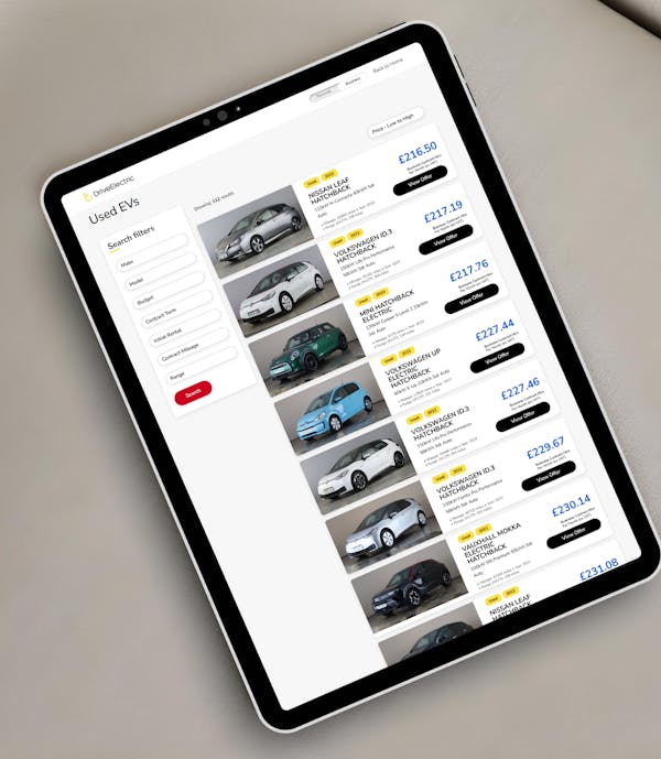 DriveElectric Used electric car search page displayed on an ipad