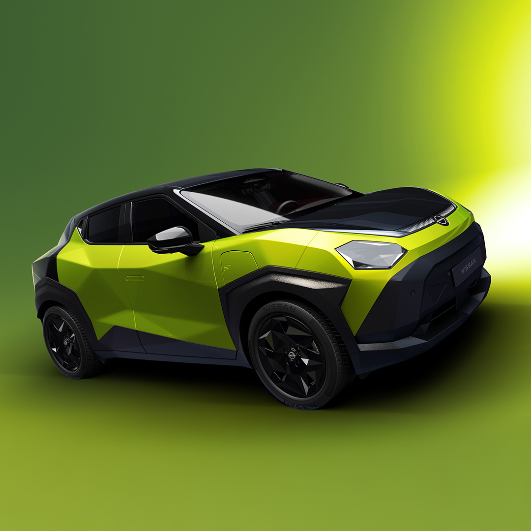 new nissan juke electric in lime green and black, front view of car