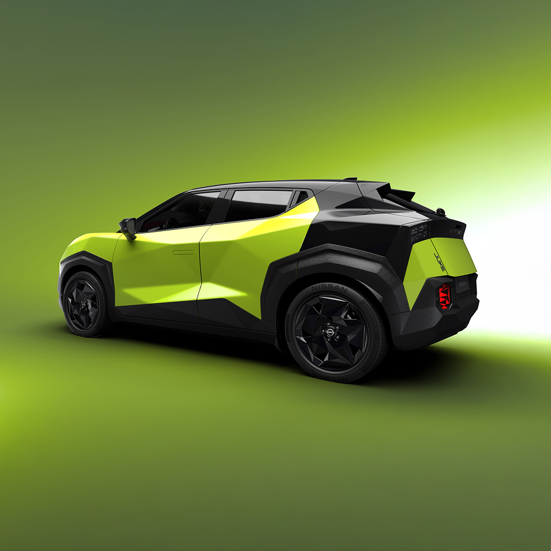 new nissan juke electric in lime green and black rear side view