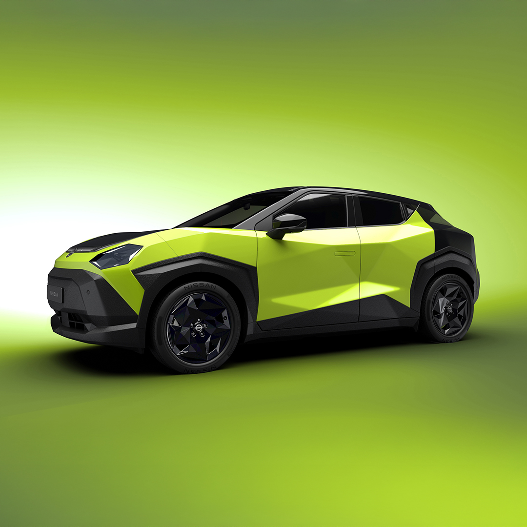 new nissan juke electric in lime green and black, front side view of car