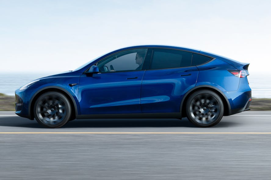 Tesla model Y electric car in blue 