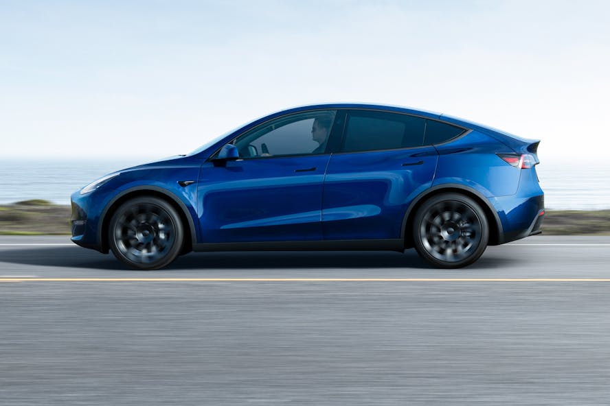 Tesla model Y electric car in blue 