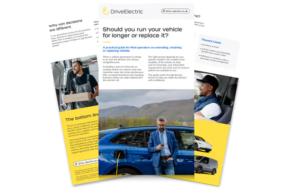 A Preview image showing 3 pages of DriveElectric's Fleet guide: "Should you run your vehicle for longer or replace it?"