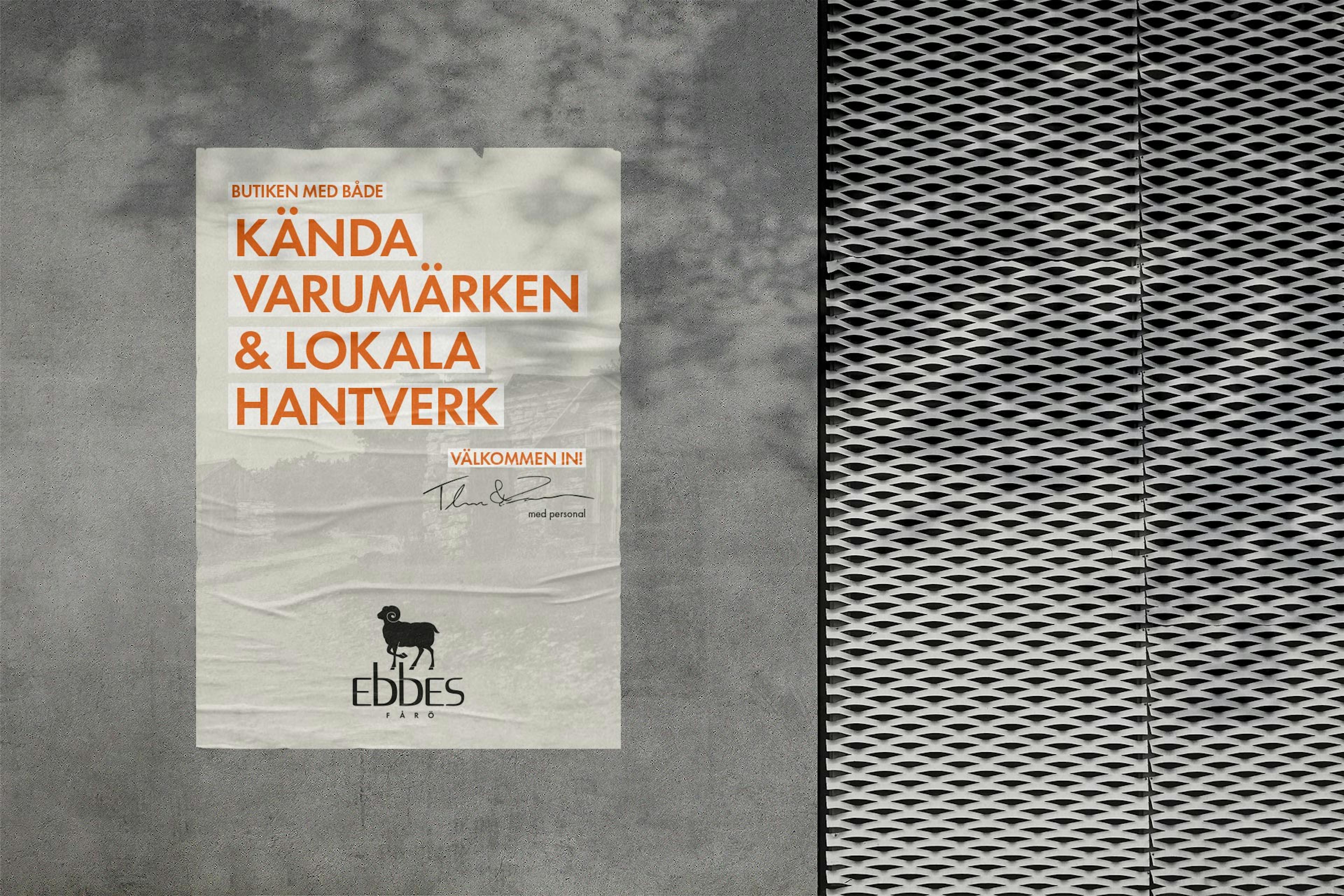 A beige poster with orange text