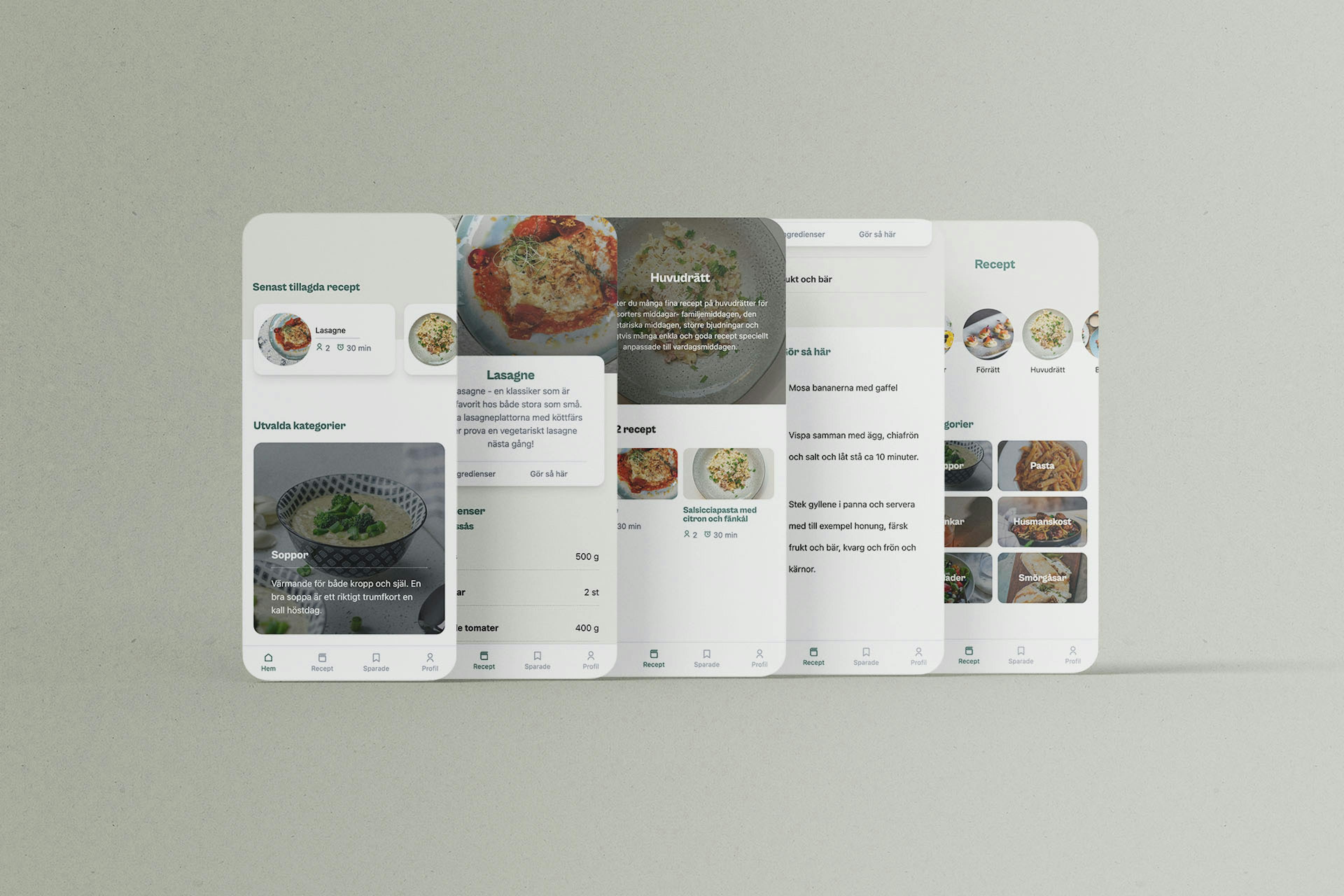 App screens of the recipe website