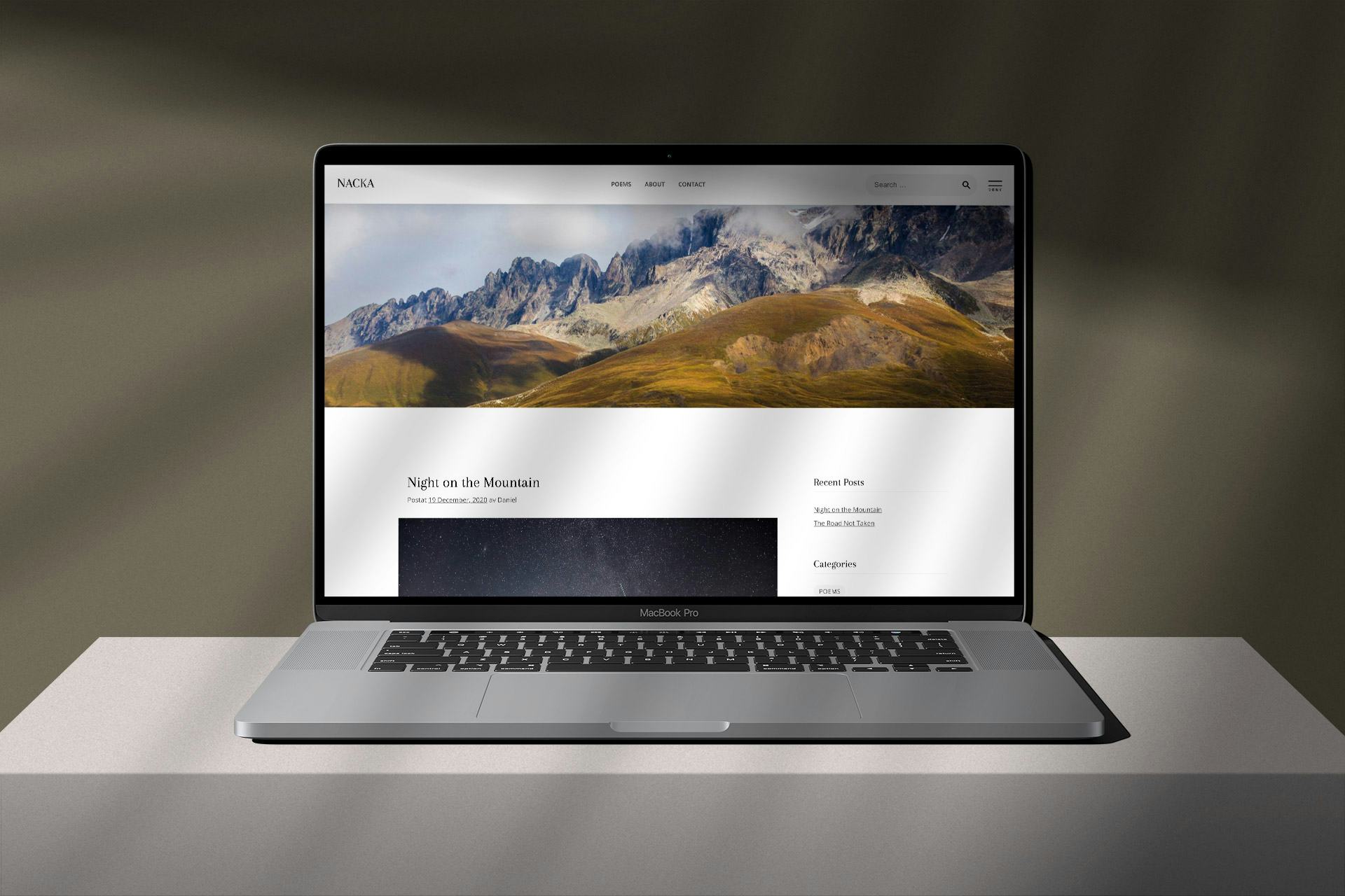 An silver colored laptop in a minimalist dark green surrounding