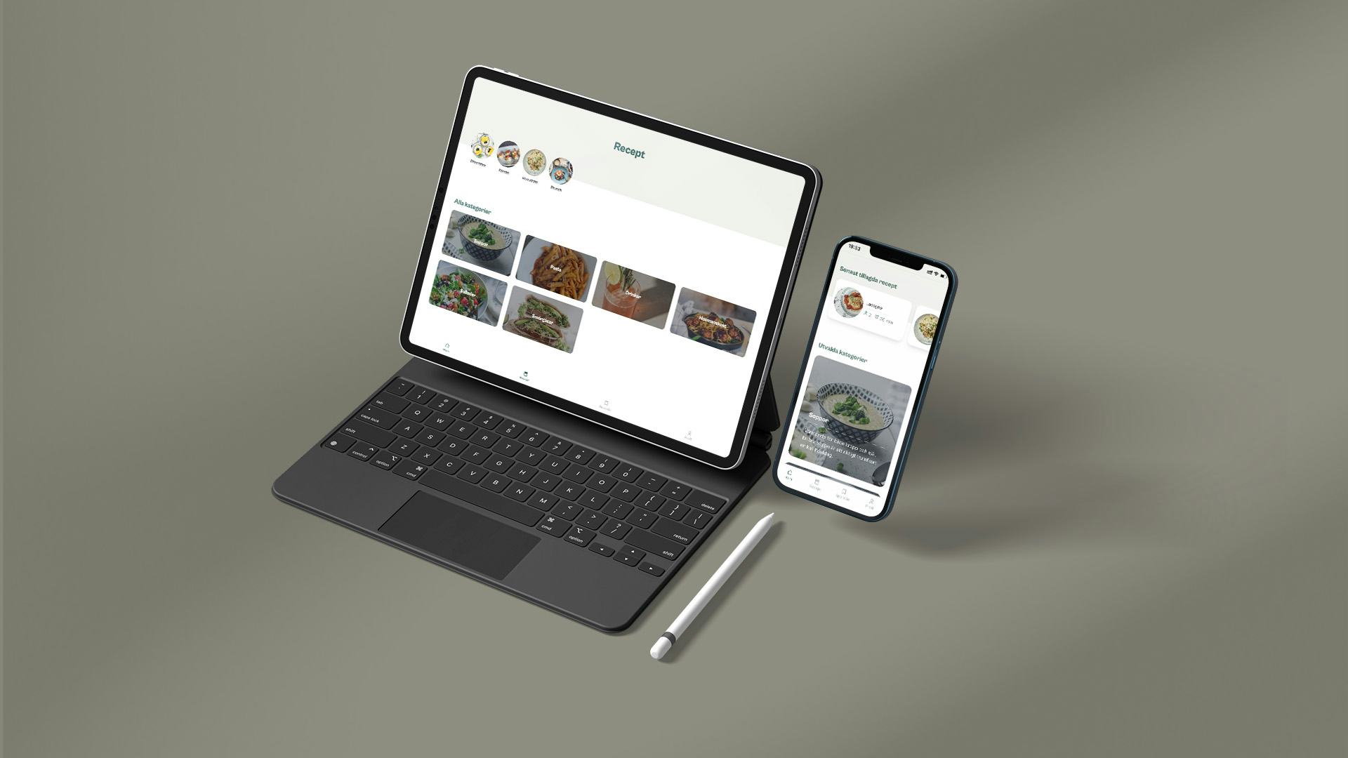 An iPad and iPhone showing the recipe app in a pale green surrounding.