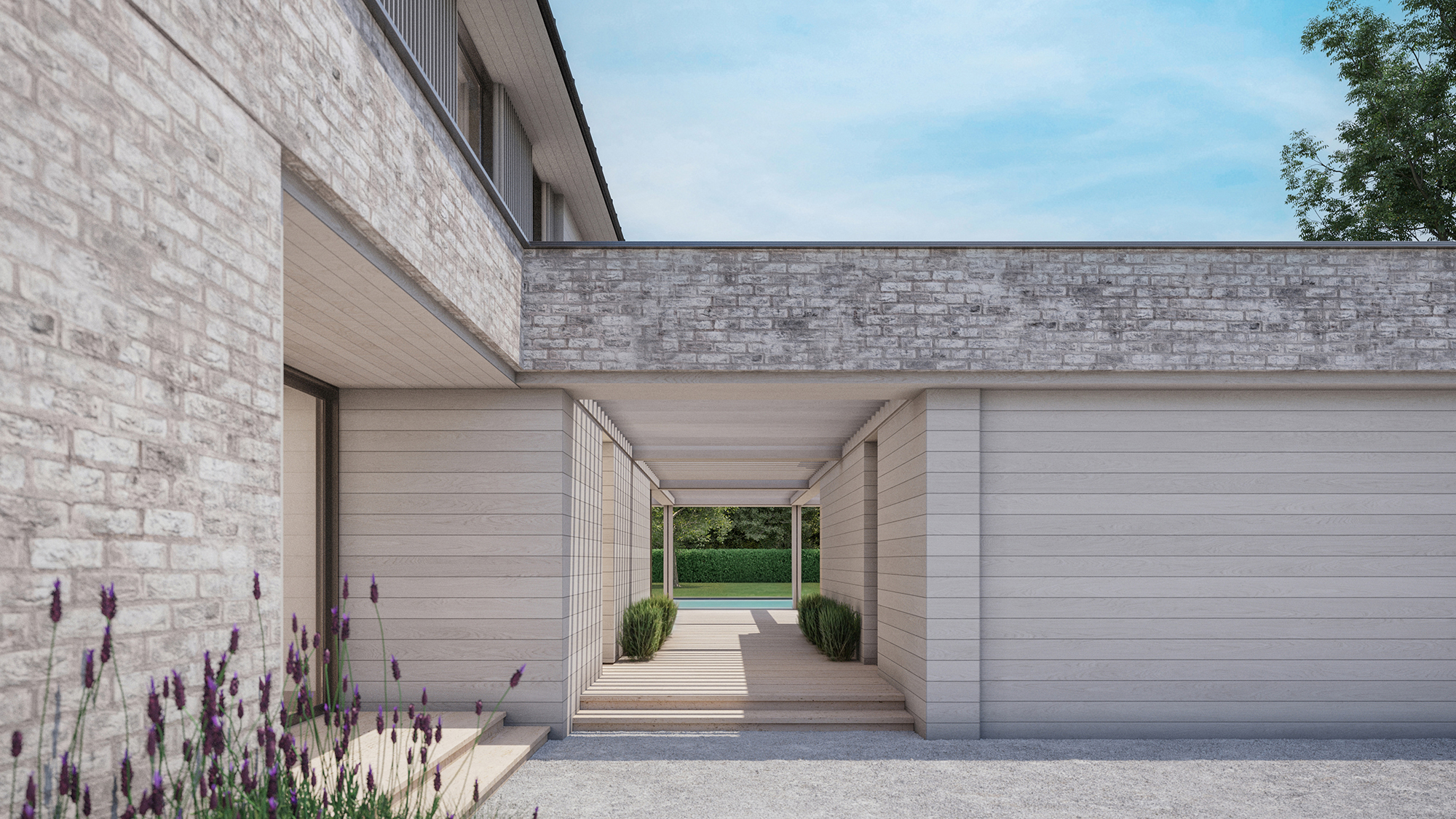 Rendered view of a contemporary home looking through the breezeway toward the rear yard