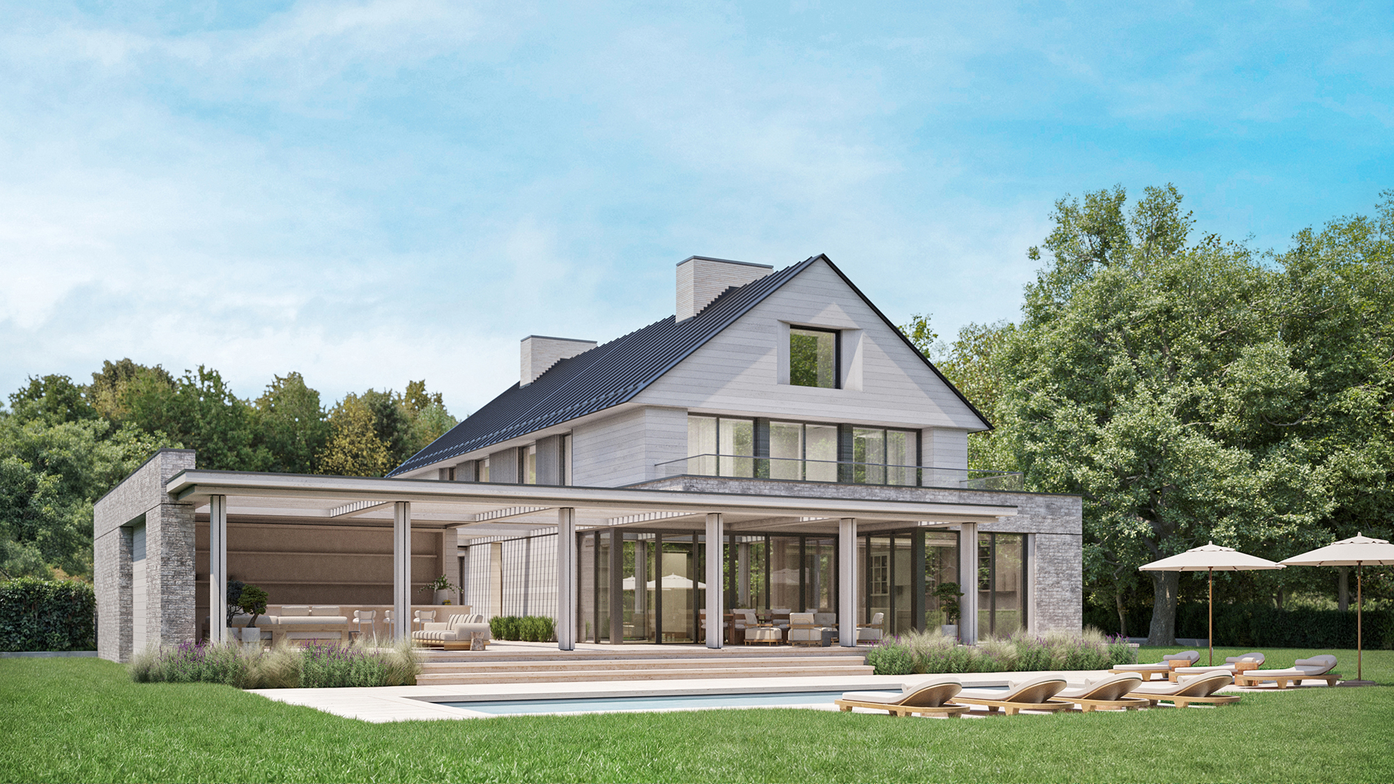 Rendered view of the rear exterior of a contemporary home with swimming pool and lounge area beneath a pergola