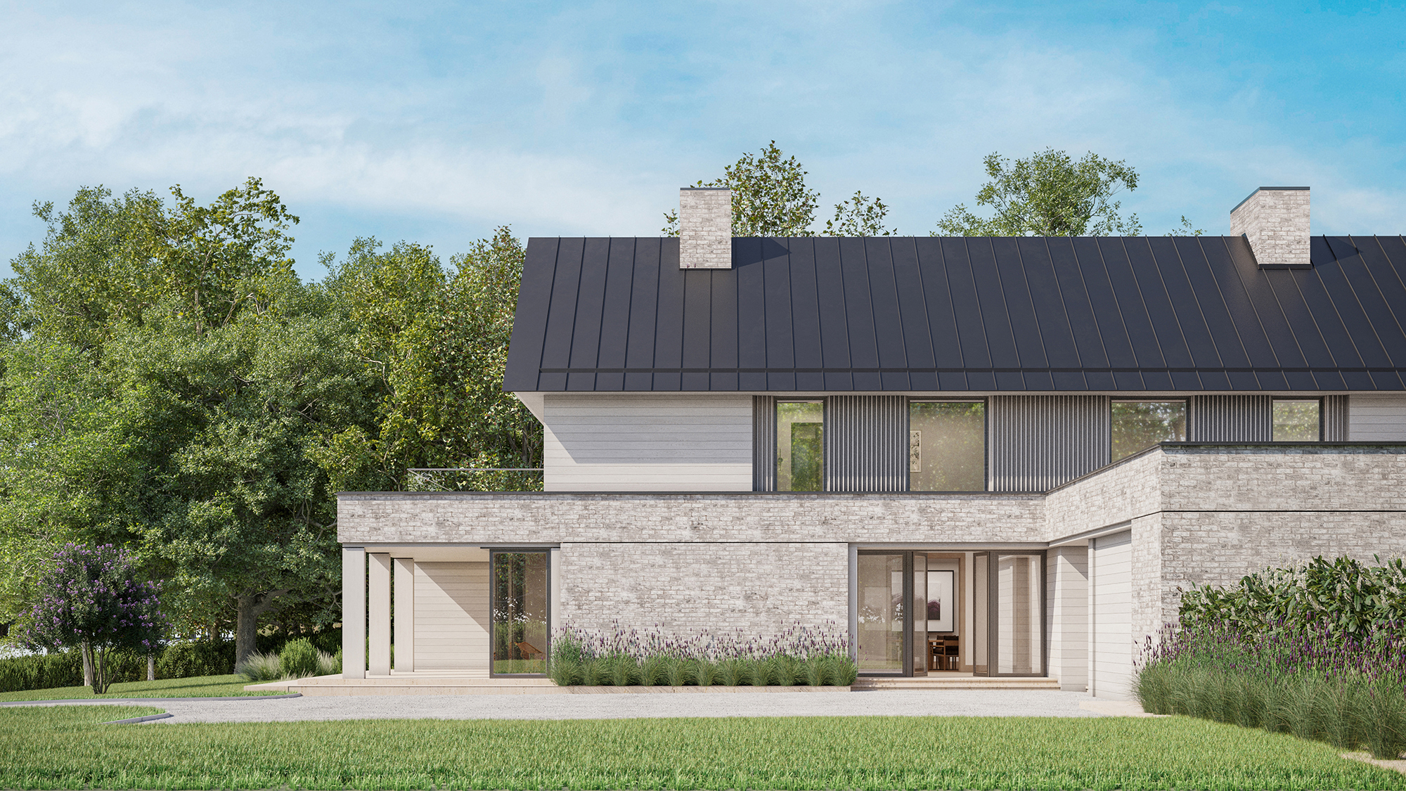 Rendered view facing the entry of a contemporary home with gabled roof 