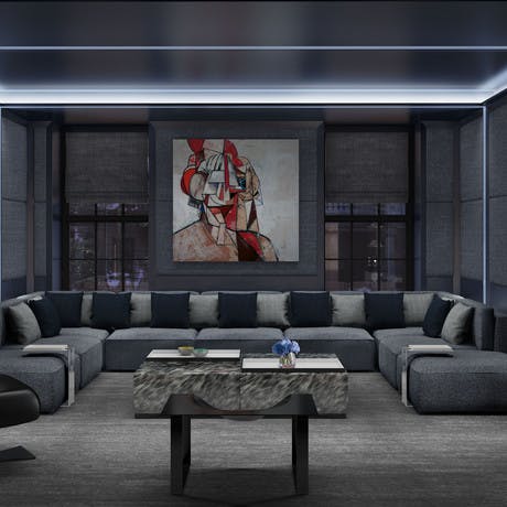 Media room rendering, George Condo painting