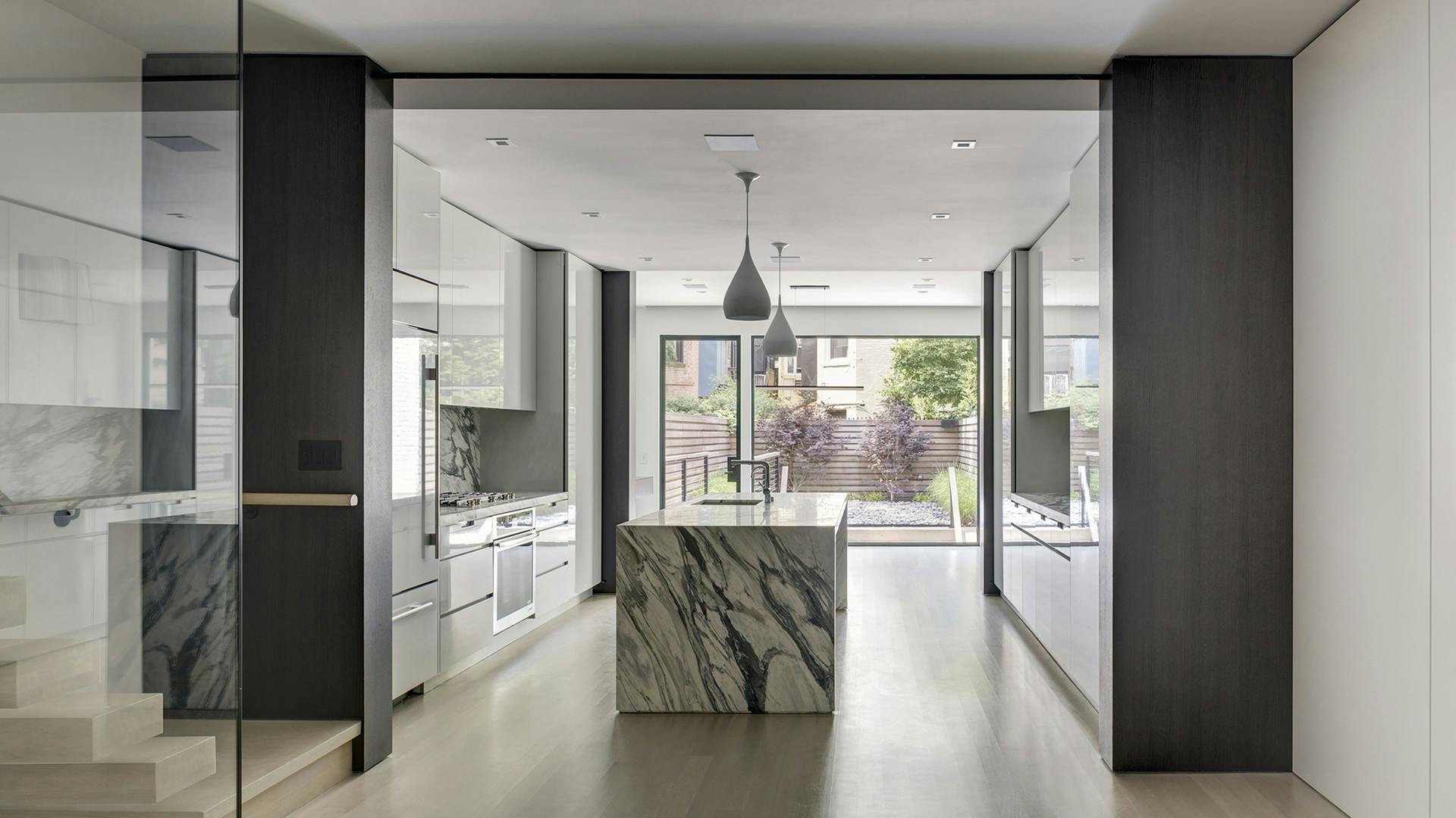 Park Slope Townhouse modern kitchen with view of rear yard