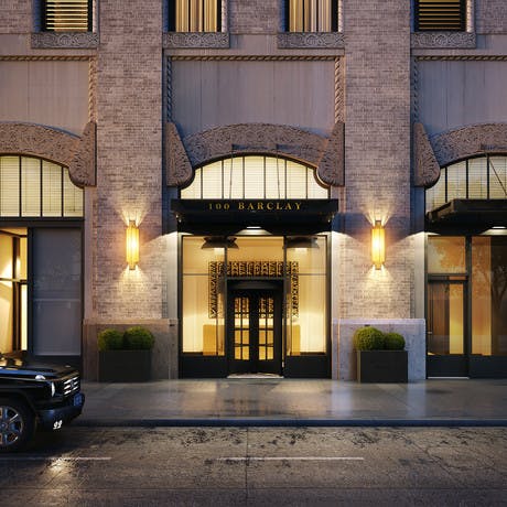Street level view of 100 Barclay entry