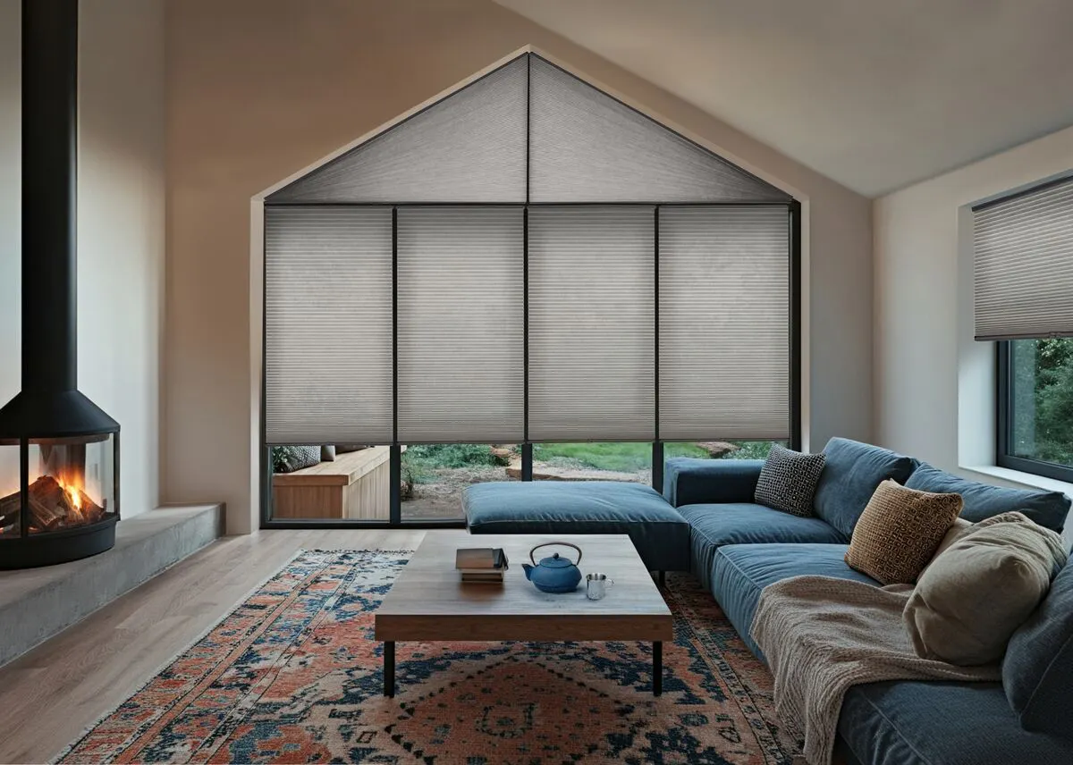 Soft grey Duette® honeycomb blinds on a gable end window in a cosy living room