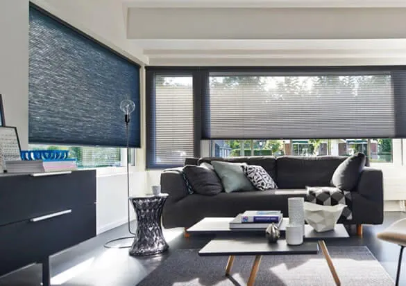 Light grey and dark grey Duette® honeycomb blinds on large windows in a modern living room 