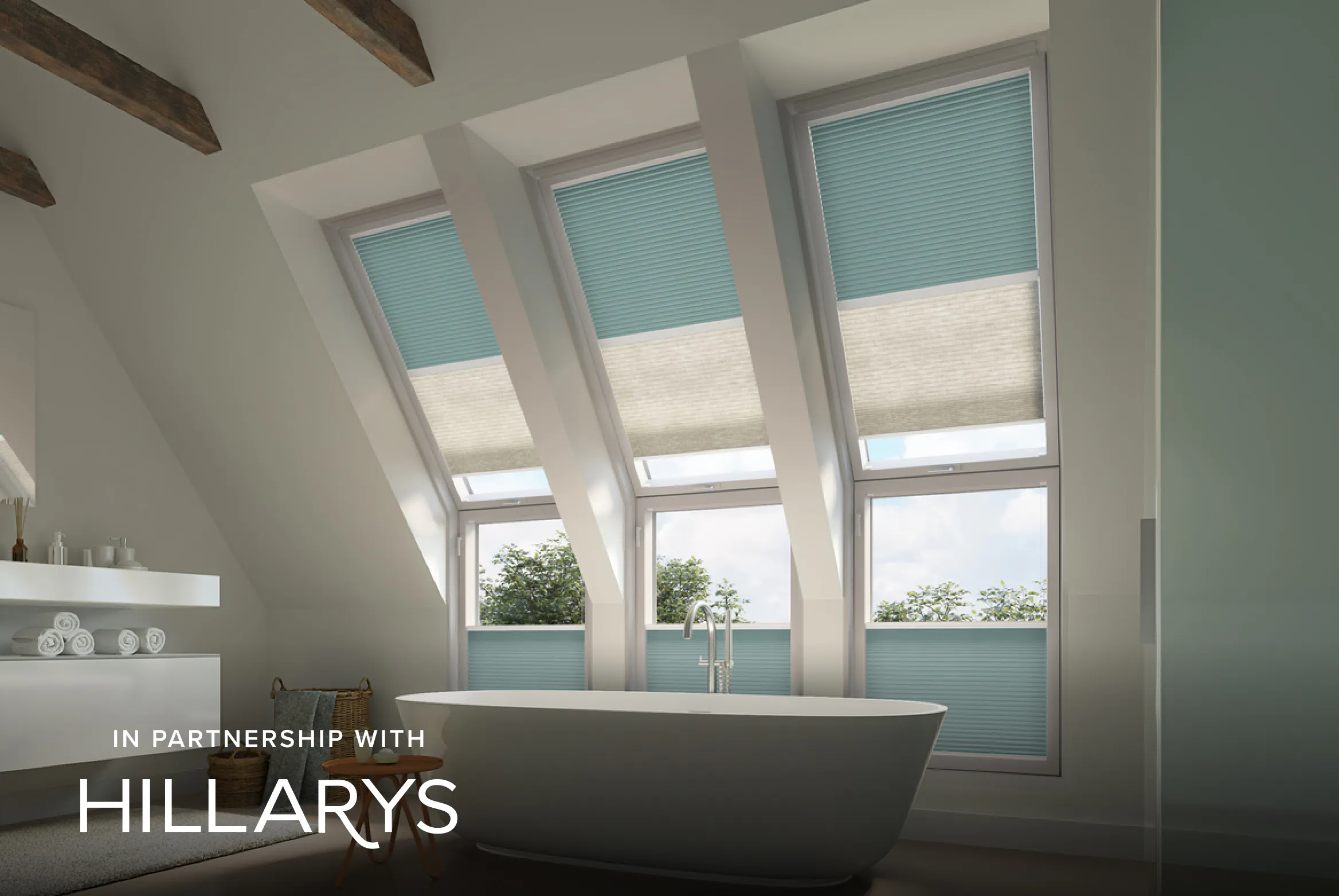 Light blue Duette® skylight and roof lantern blinds in a modern and spacious bathroom