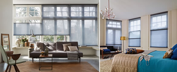 Blue Duette® honeycomb blinds in various bedrooms 