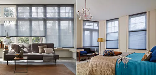 Blue Duette® honeycomb blinds in various bedrooms