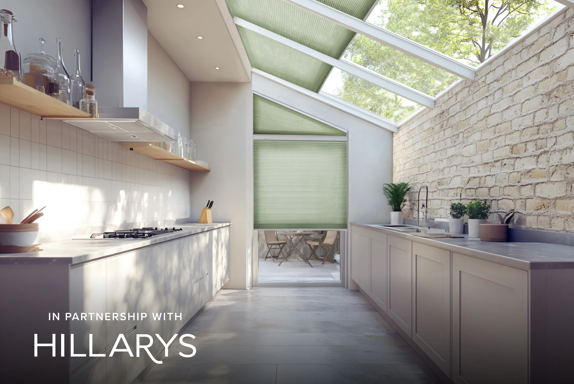 Green Duette® honeycomb blinds on  roof windows and patio door filtering sunlight in a bright kitchen