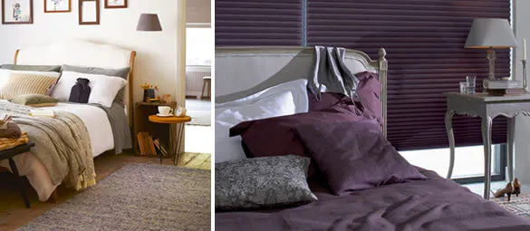 Collage of two cosy bedrooms in different colour schemes
