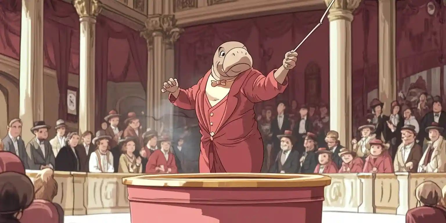 Manatee waving magic stick in front of audience
