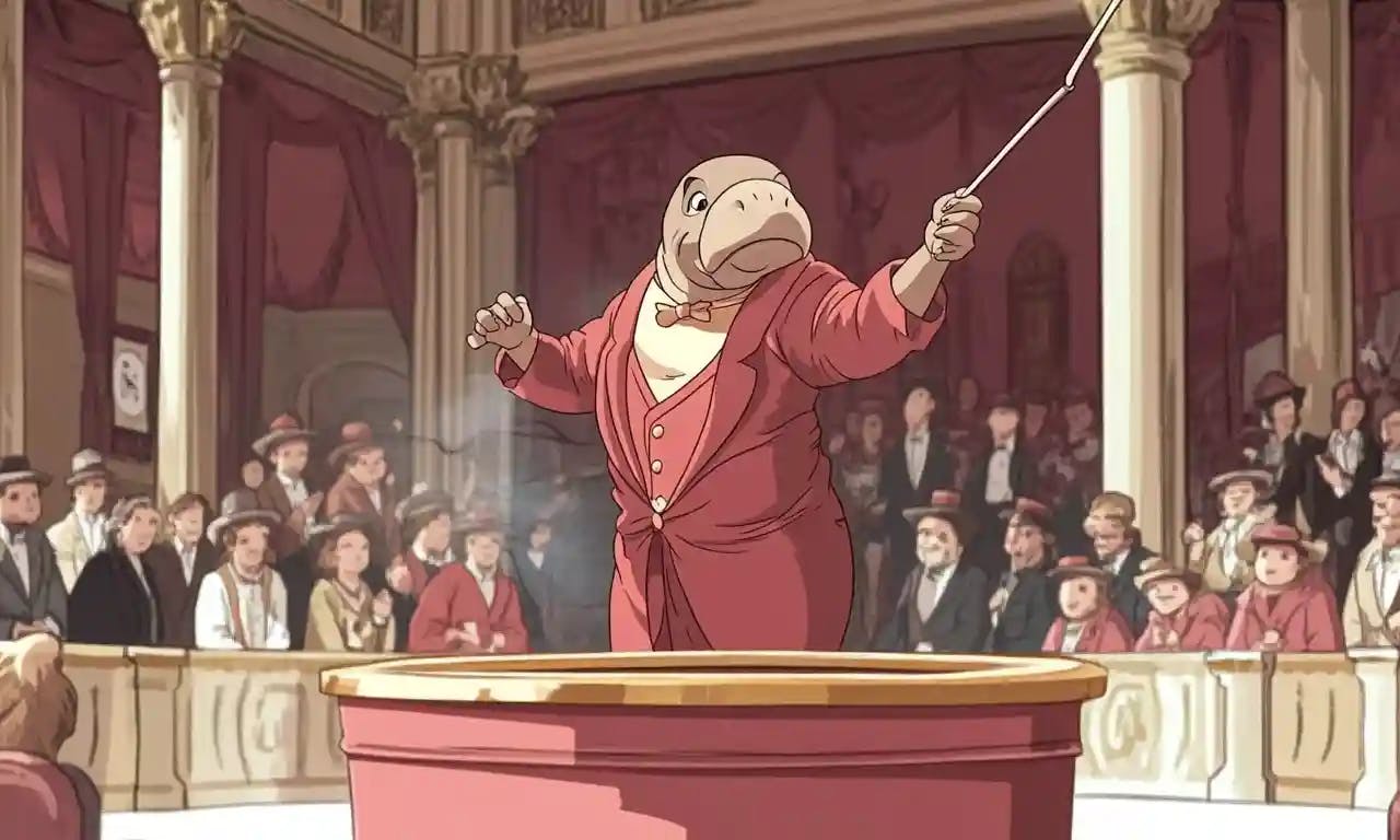 Manatee waving magic stick in front of audience