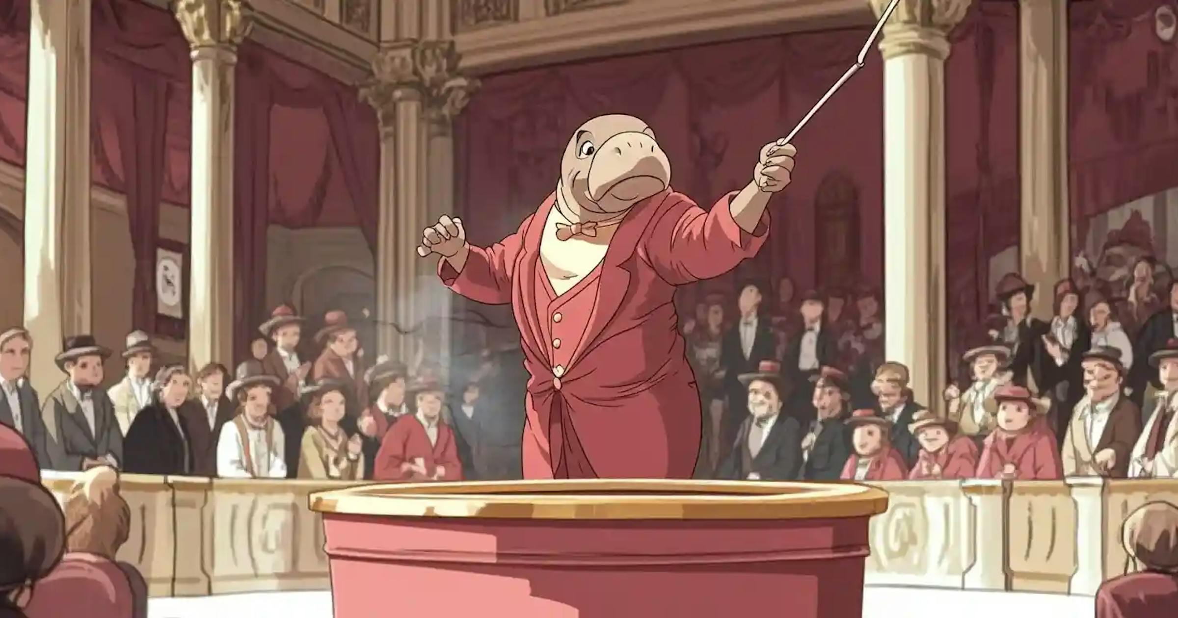Manatee waving magic stick in front of audience