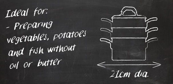 Steamers are noted for  their healthy method of cooking using steam in place of oil in layered  compartments to provide maximum surface area while saving space. The  stacked formation allows for multiple elements to be independently  steamed at the same time.