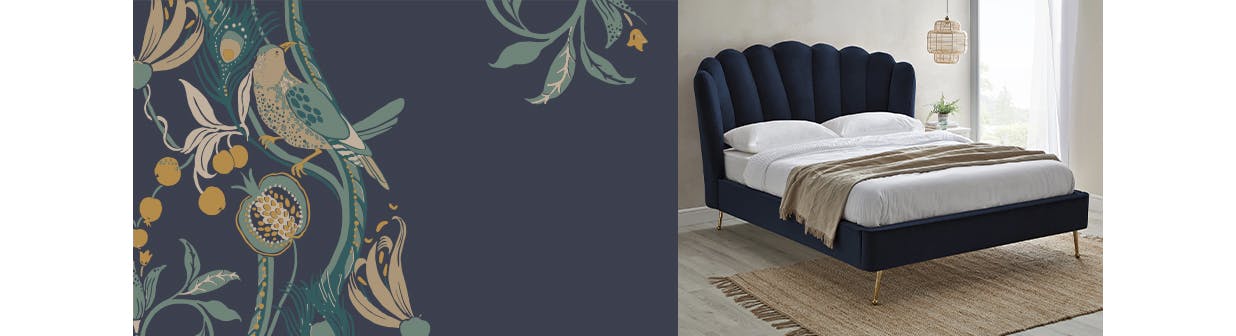 navy velvet scalloped bedframe with gold legs in a neutral room