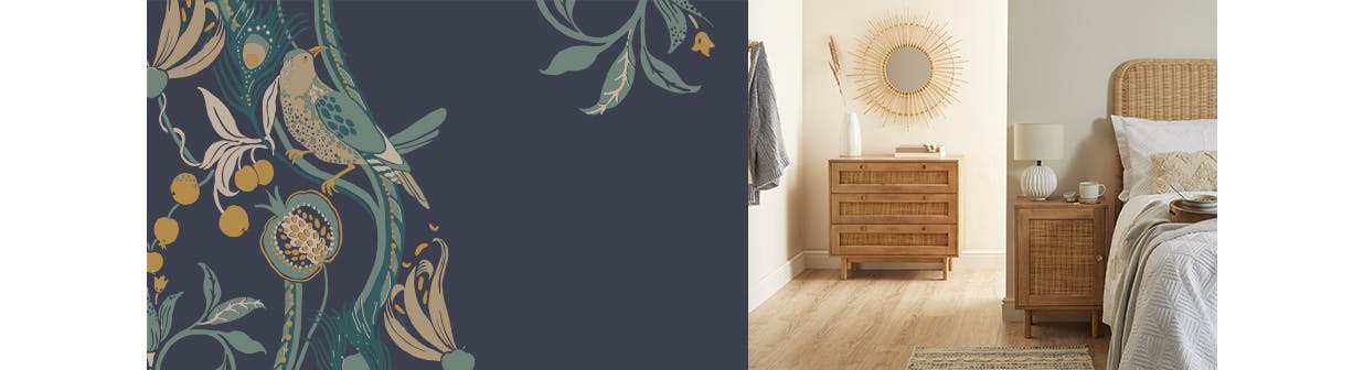Bedroom with a rattan bedside table & chest of drawers