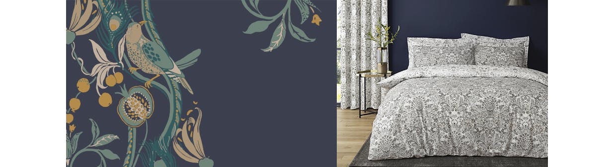 Grey and white damask patterned bedding in navy bedroom