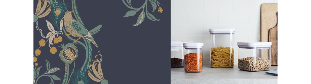 food containers lined up on kitchen surface