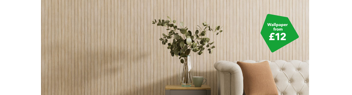 Living room with neutral wallpaper