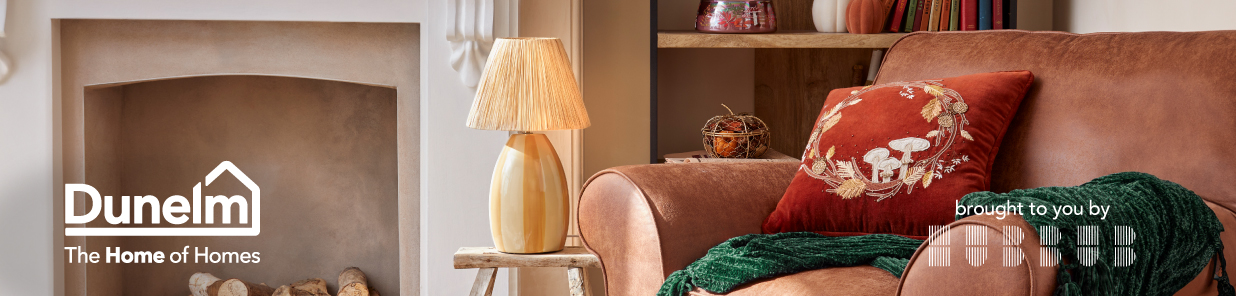 Living room with brown armchair, green throw and orange cushion