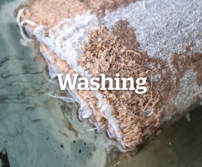 After knotting, the rug is washed to remove any excess dye and to soften the wool. This  sets the colours and is one of the final steps of the intricate process.